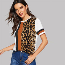 Load image into Gallery viewer, SHEIN Color Block Cut-and-Sew Leopard Panel Top Short Sleeve O-Neck Casual T Shirt Women 2019 Summer Leisure Ladies Tshirt Tops
