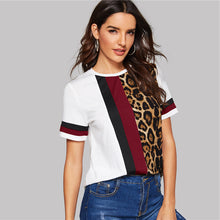 Load image into Gallery viewer, SHEIN Color Block Cut-and-Sew Leopard Panel Top Short Sleeve O-Neck Casual T Shirt Women 2019 Summer Leisure Ladies Tshirt Tops