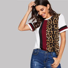 Load image into Gallery viewer, SHEIN Color Block Cut-and-Sew Leopard Panel Top Short Sleeve O-Neck Casual T Shirt Women 2019 Summer Leisure Ladies Tshirt Tops