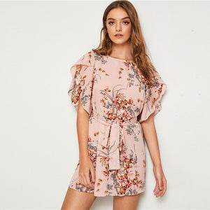 SHEIN Pastel Pink Split Sleeve Self Belted Floral Print Dress Women Summer Boat Neck Bohemian Ladies Straight Short Dresses