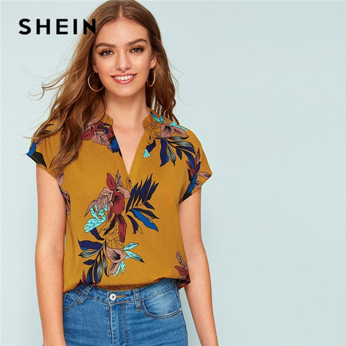 SHEIN Yellow V-neck Floral Print Notched Blouse Womens Tops and Blouses Summer Casual Short Sleeve Boho Blouse Ladies Top