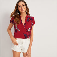 Load image into Gallery viewer, SHEIN Yellow V-neck Floral Print Notched Blouse Womens Tops and Blouses Summer Casual Short Sleeve Boho Blouse Ladies Top