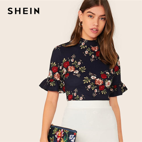 SHEIN Abaya Navy Mock-Neck Ruffle Cuff Floral Print Tee Top Women Summer Flounce Sleeve Ladies Slim Fit Elegant Tshirt Tops